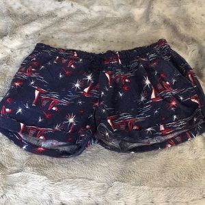 Navy blue red sailboat linen drawstring shorts M USA 4th of July fire works 🇺🇸